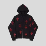 Unknown London Black x Red Rhinestone Cross Zip Hoodie