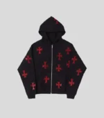 Unknown London Black x Red Rhinestone Cross Zip Hoodie