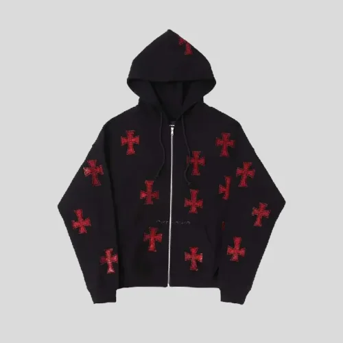 Unknown London Black x Red Rhinestone Cross Zip Hoodie