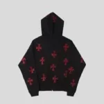 Unknown London Black x Red Rhinestone Cross Zip Hoodie g