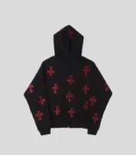 Unknown London Black x Red Rhinestone Cross Zip Hoodie g
