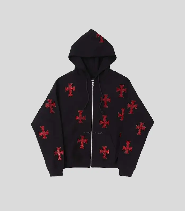 Unknown London Black x Red Rhinestone Cross Zip Hoodie Unknown London Black x Red Rhinestone Cross Zip Hoodie